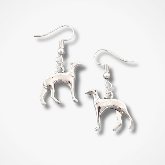 A pair of  dangle earrings shaped like greyhounds, shown on a clean white background with soft drop shadows.