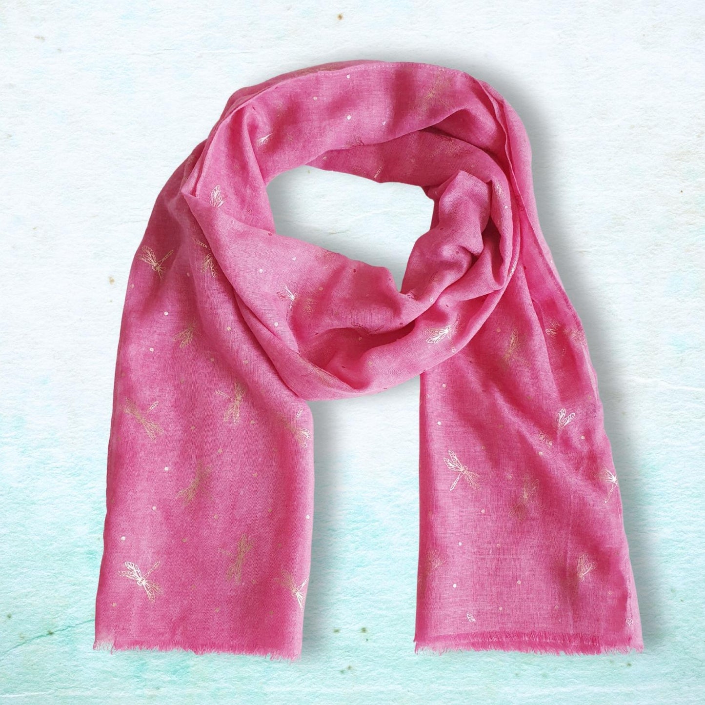 Lightweight Ladies Scarf with Rose Gold Dragonfly Design - Fuchsia