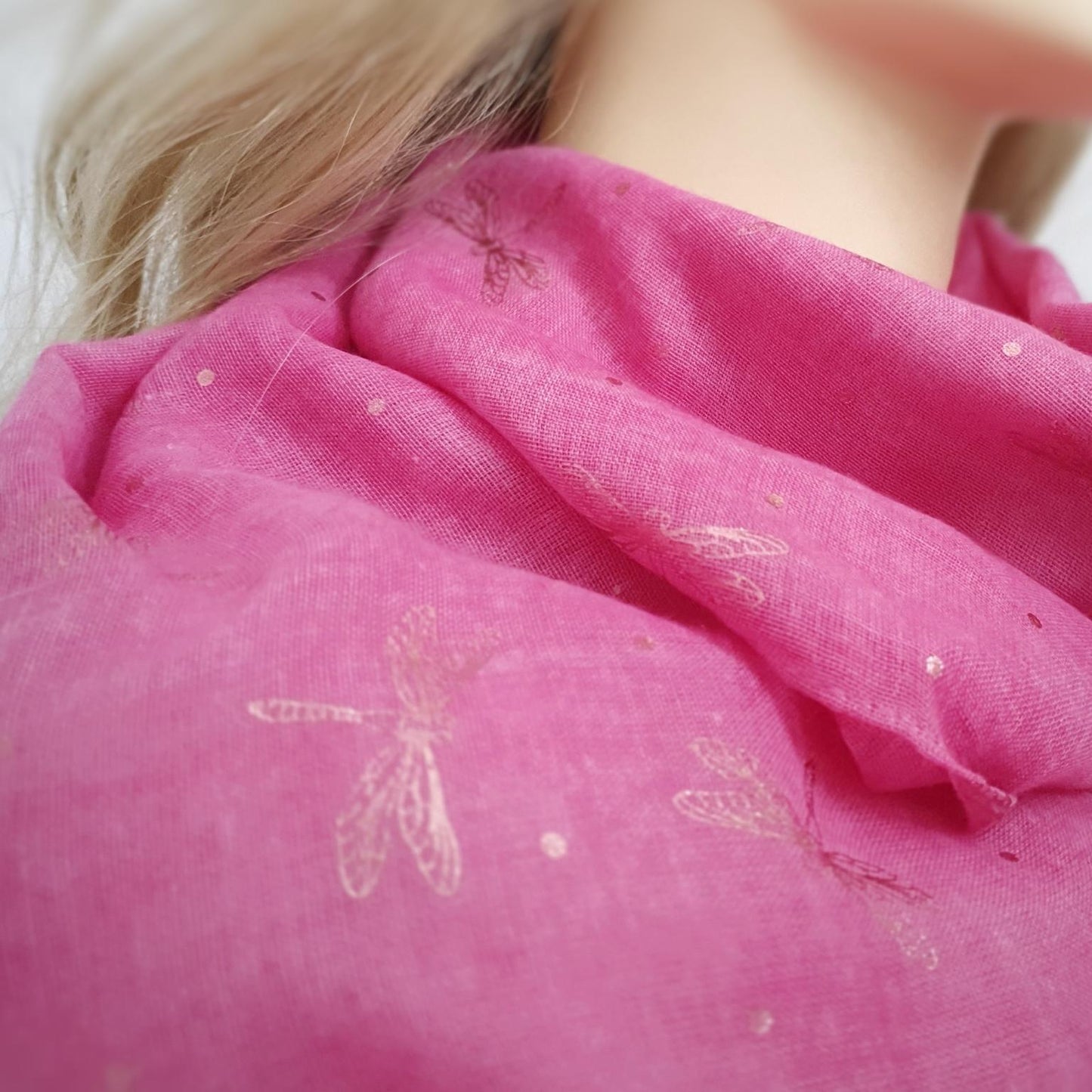 Lightweight Ladies Scarf with Rose Gold Dragonfly Design - Fuchsia