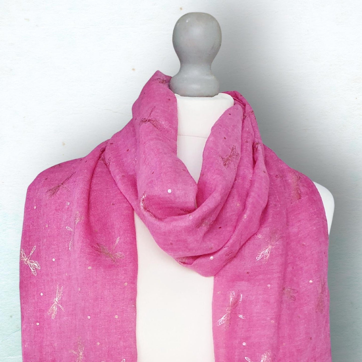 Lightweight Ladies Scarf with Rose Gold Dragonfly Design - Fuchsia