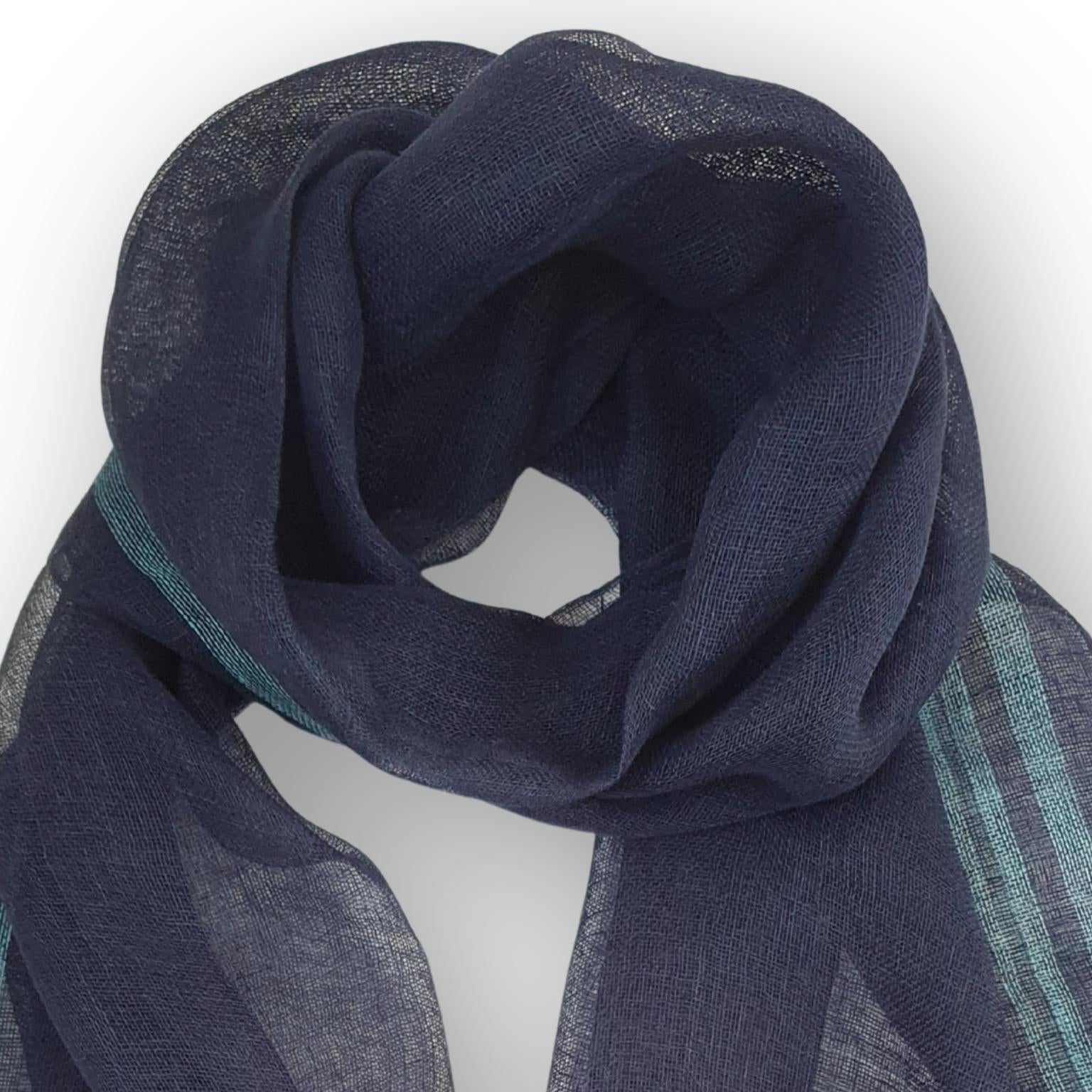 Navy blue scarf with aqua accents on a white background