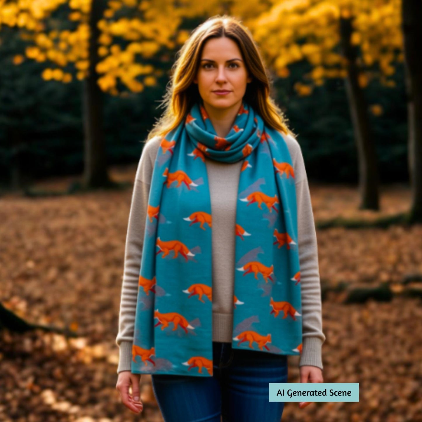 A woman standing in a forest wearing a bright teal-green scarf with a repeating pattern of orange foxes, a light grey long-sleeve top, and blue jeans. The background shows trees with yellow autumn foliage and a ground covered in fallen leaves.