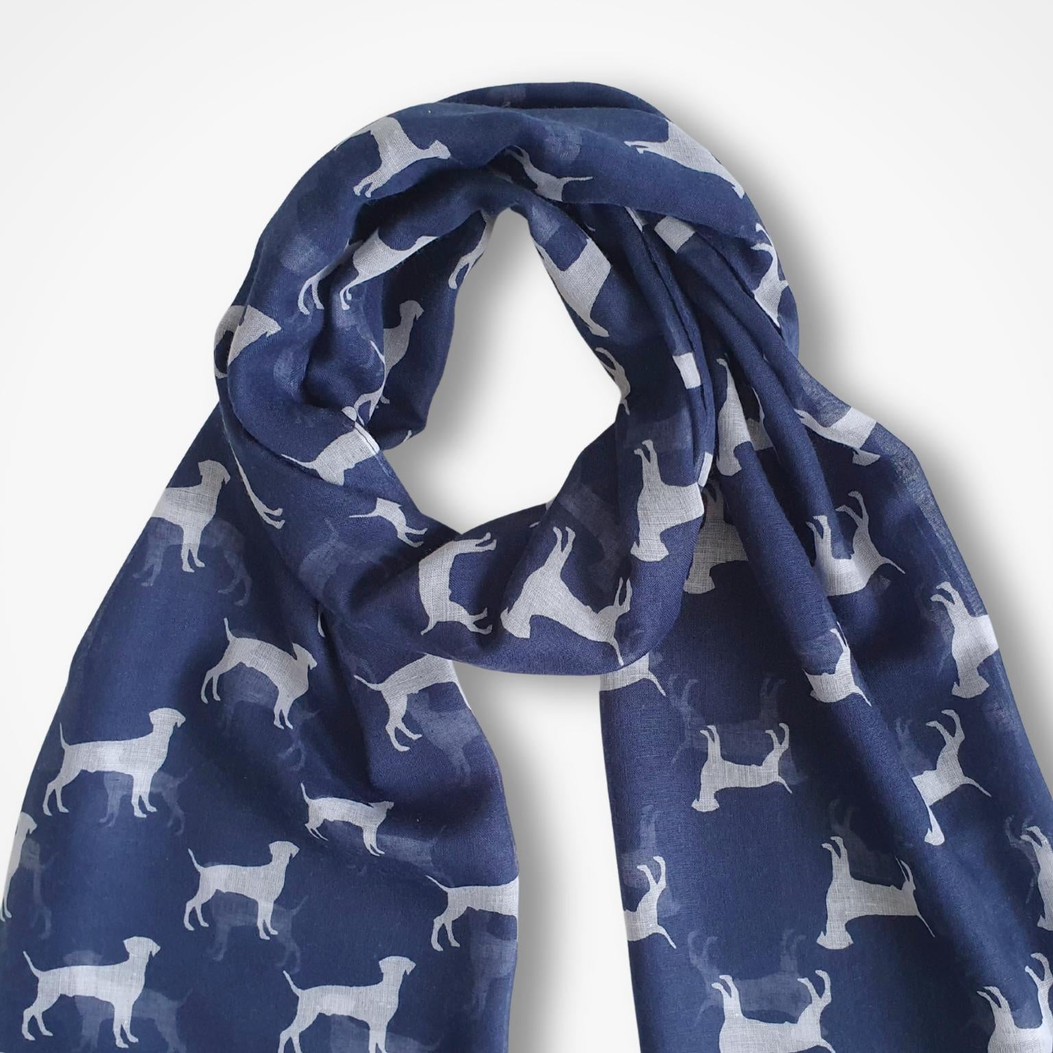 Navy blue scarf with white dog pattern on a white background