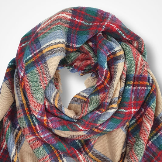 Plaid Blanket Scarf - Red, Beige, Green & Blue