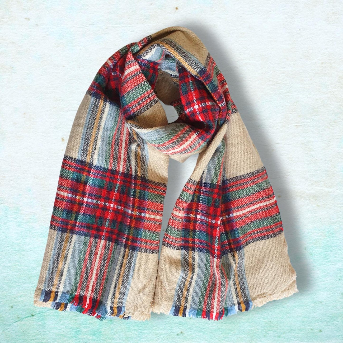Plaid Blanket Scarf - Red, Beige, Green & Blue