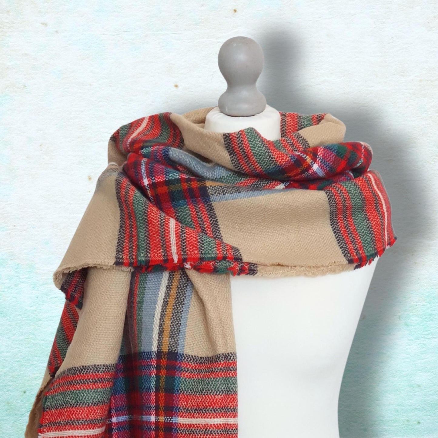 Plaid Blanket Scarf - Red, Beige, Green & Blue