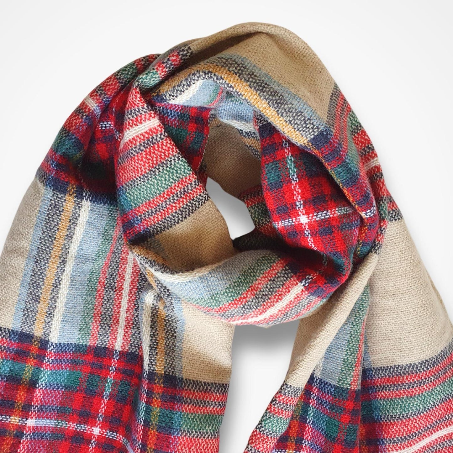 Plaid Blanket Scarf - Red, Beige, Green & Blue
