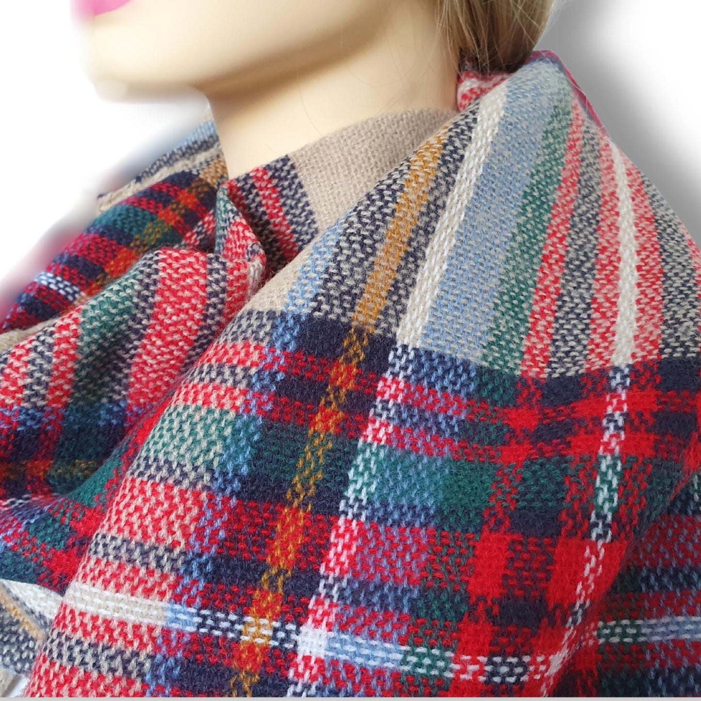 Plaid Blanket Scarf - Red, Beige, Green & Blue