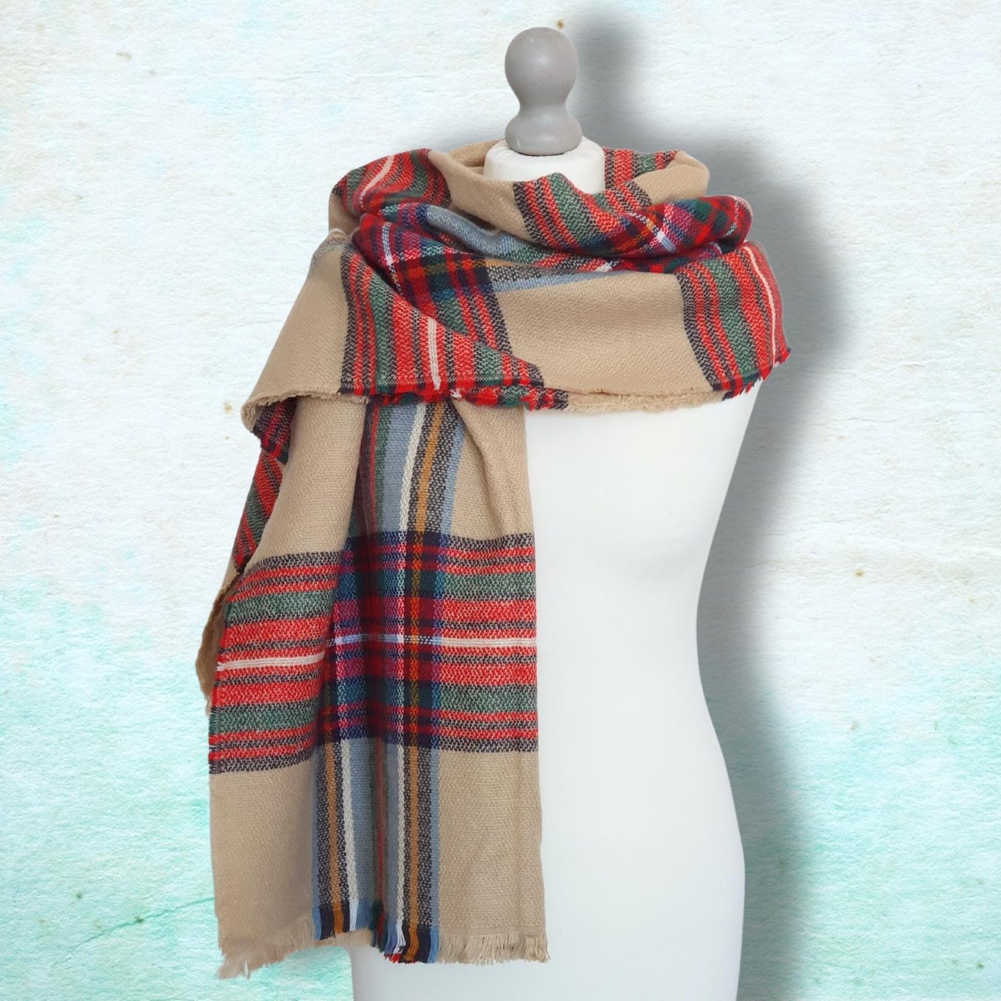 Plaid Blanket Scarf - Red, Beige, Green & Blue