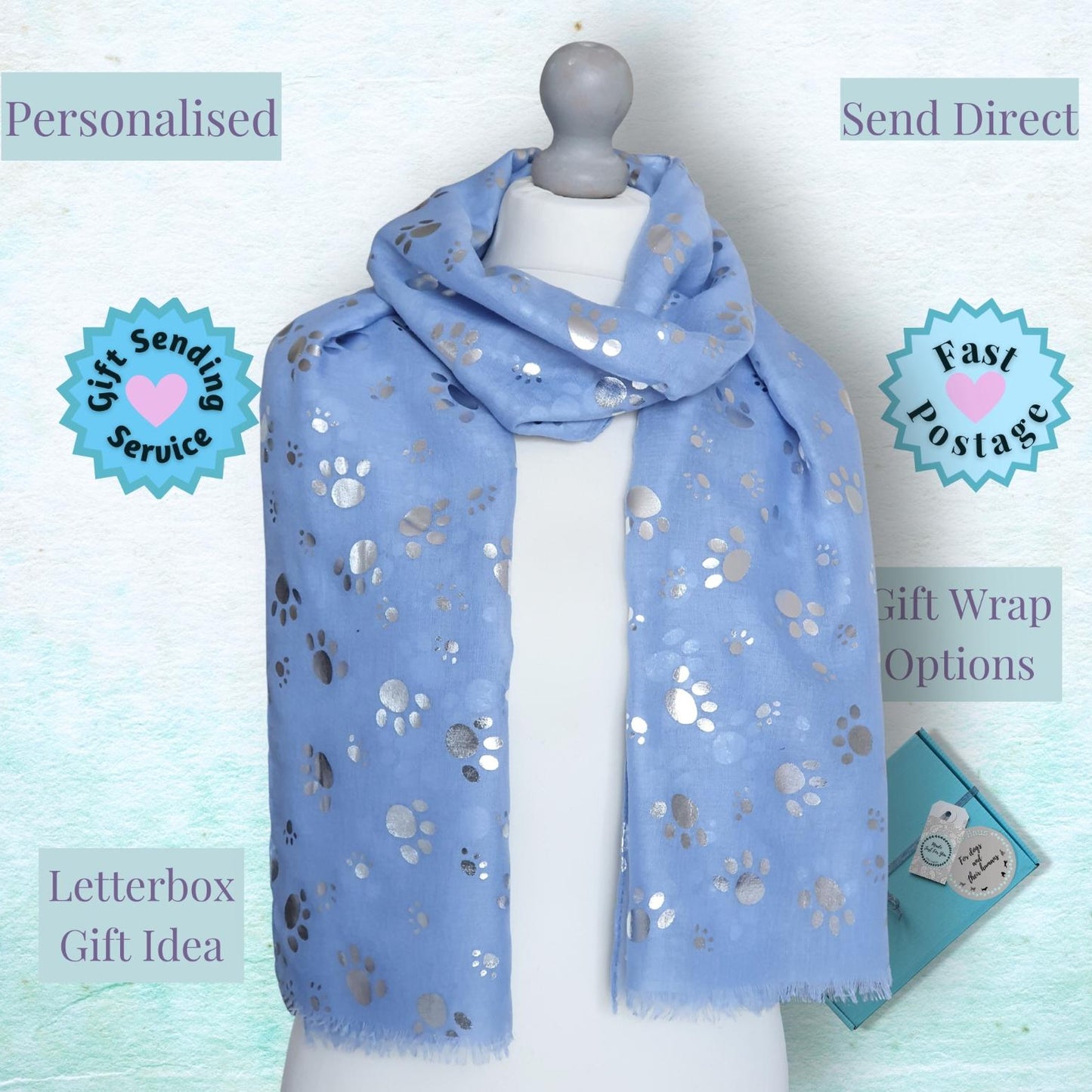 Foil Paw Print Scarf - Sky Blue & Silver