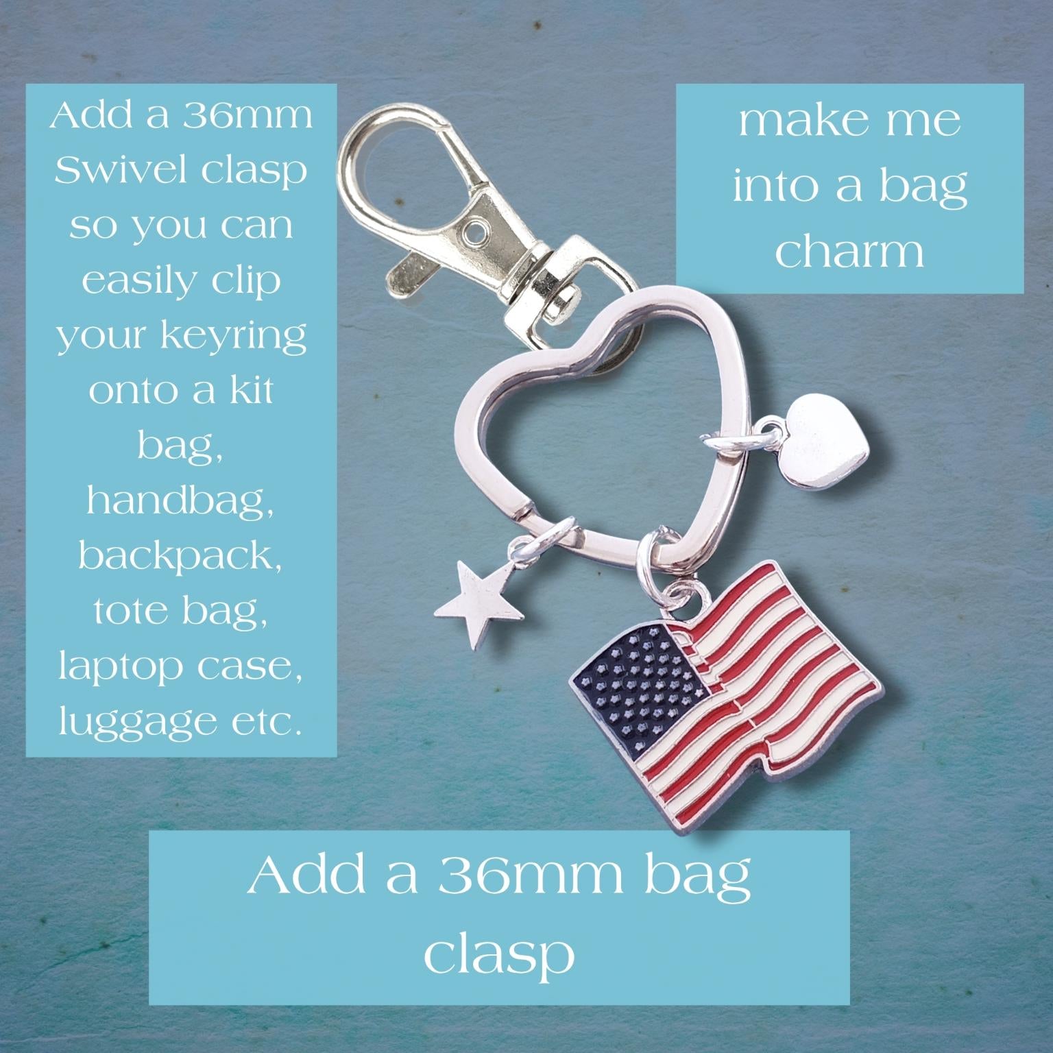 Heart-shaped keychain with American flag charm on a blue background