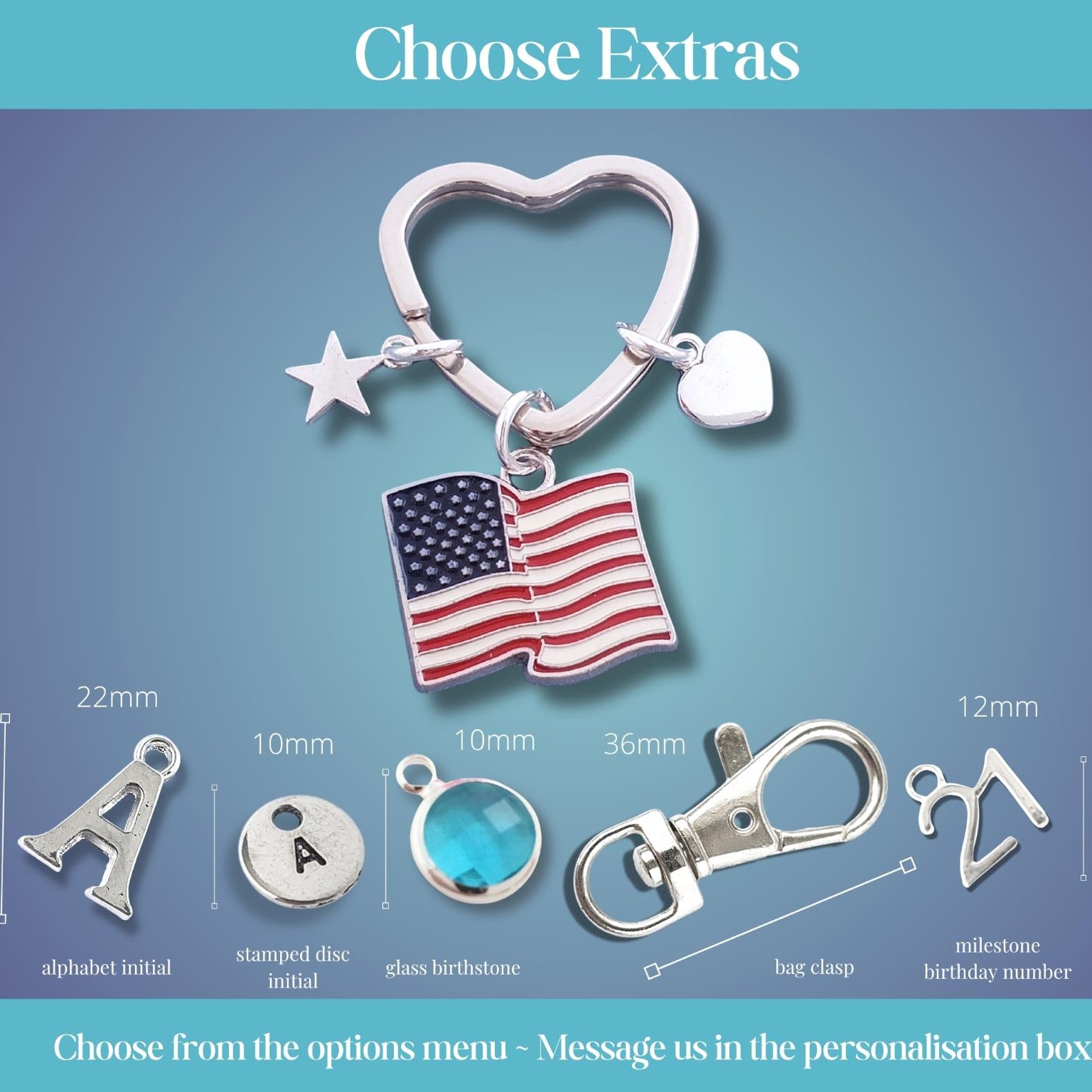 Keychain with American flag charm and customizable options on a blue background