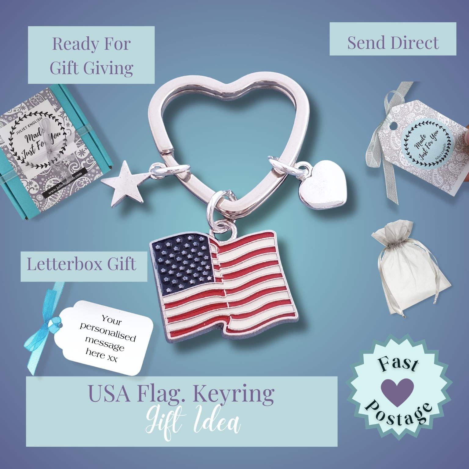 Heart-shaped keychain with American flag charm on a blue background