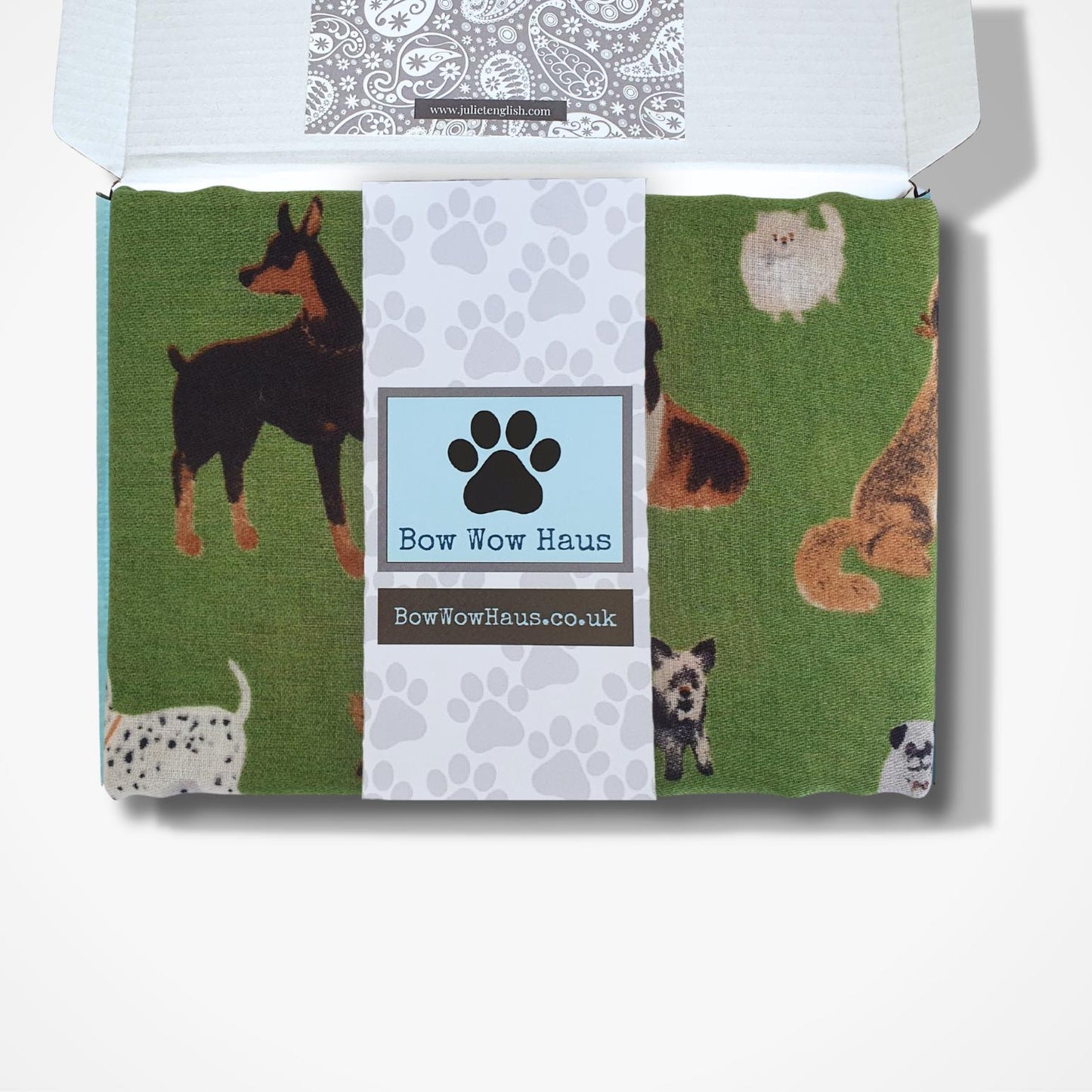 dog-themed scarf with 'Bow Wow Haus' branding on a white background