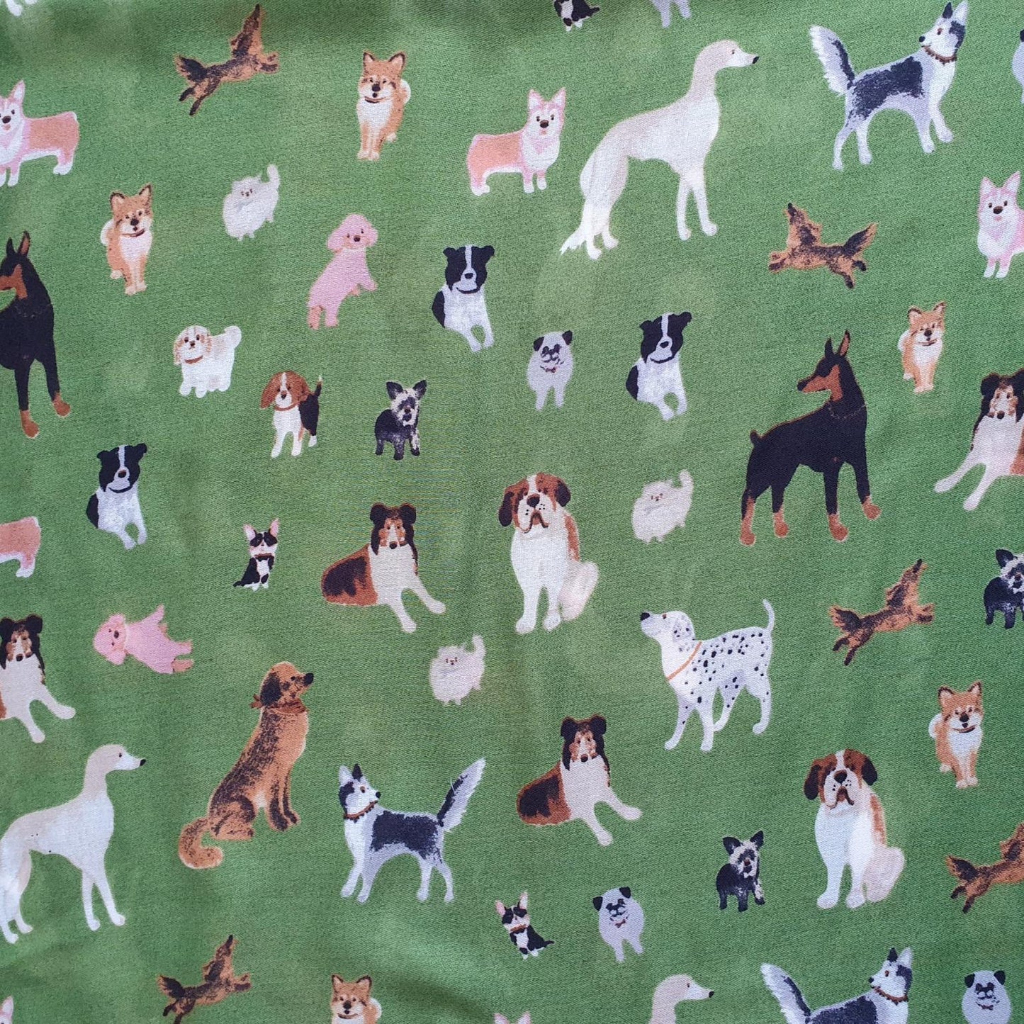 Pattern of various dog illustrations on a green background