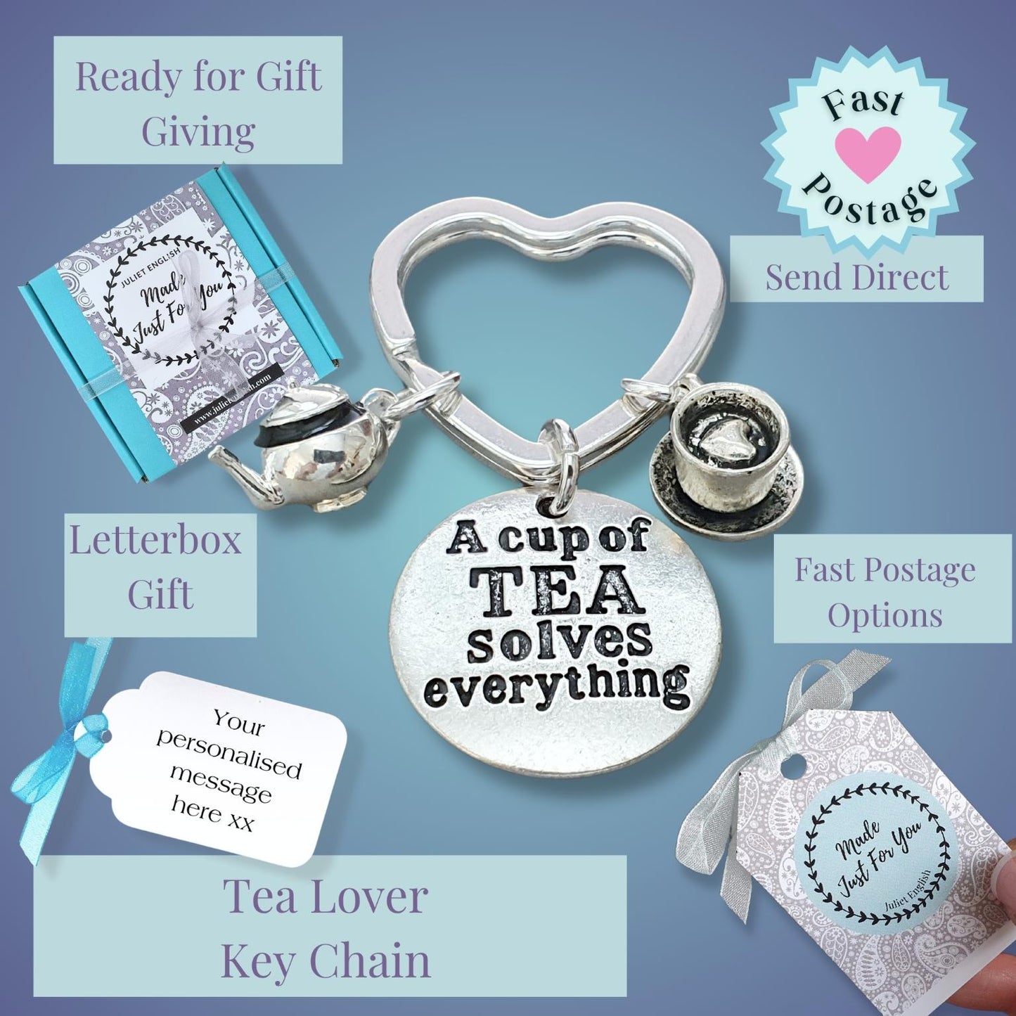 Silver tea-themed keychain with a heart-shaped ring, teapot charm, and round disc charm reading 'A cup of TEA solves everything', shown with gift box, letterbox tag, and sample gift tag on a blue gradient background with promotional text overlays.