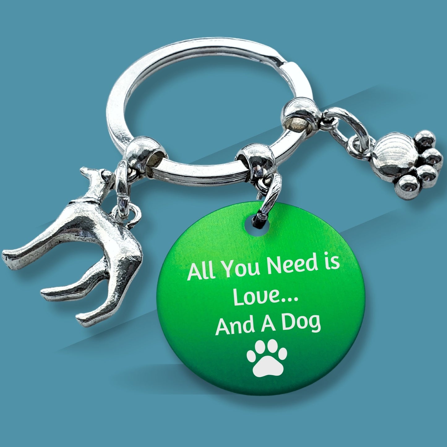 Engraved 'All You Need Is Love ... And A Dog' Greyhound Keyring - Silver