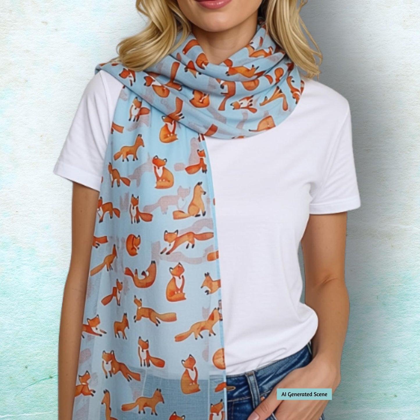 A woman wearing a light blue scarf with an all-over orange and white fox print, styled over a white t-shirt and blue jeans against a textured light blue background.