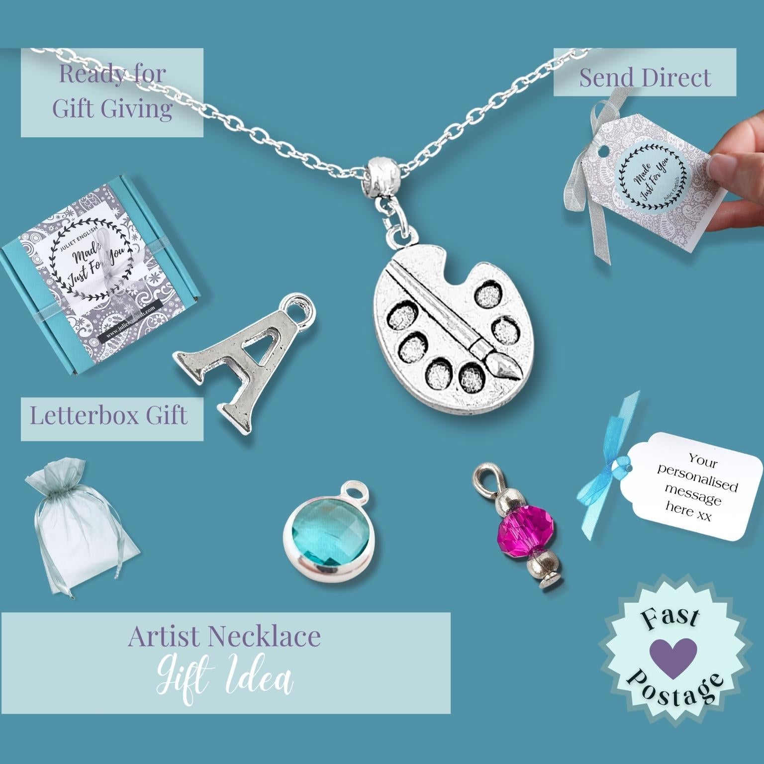 Necklace, charms, and packaging on a blue background
