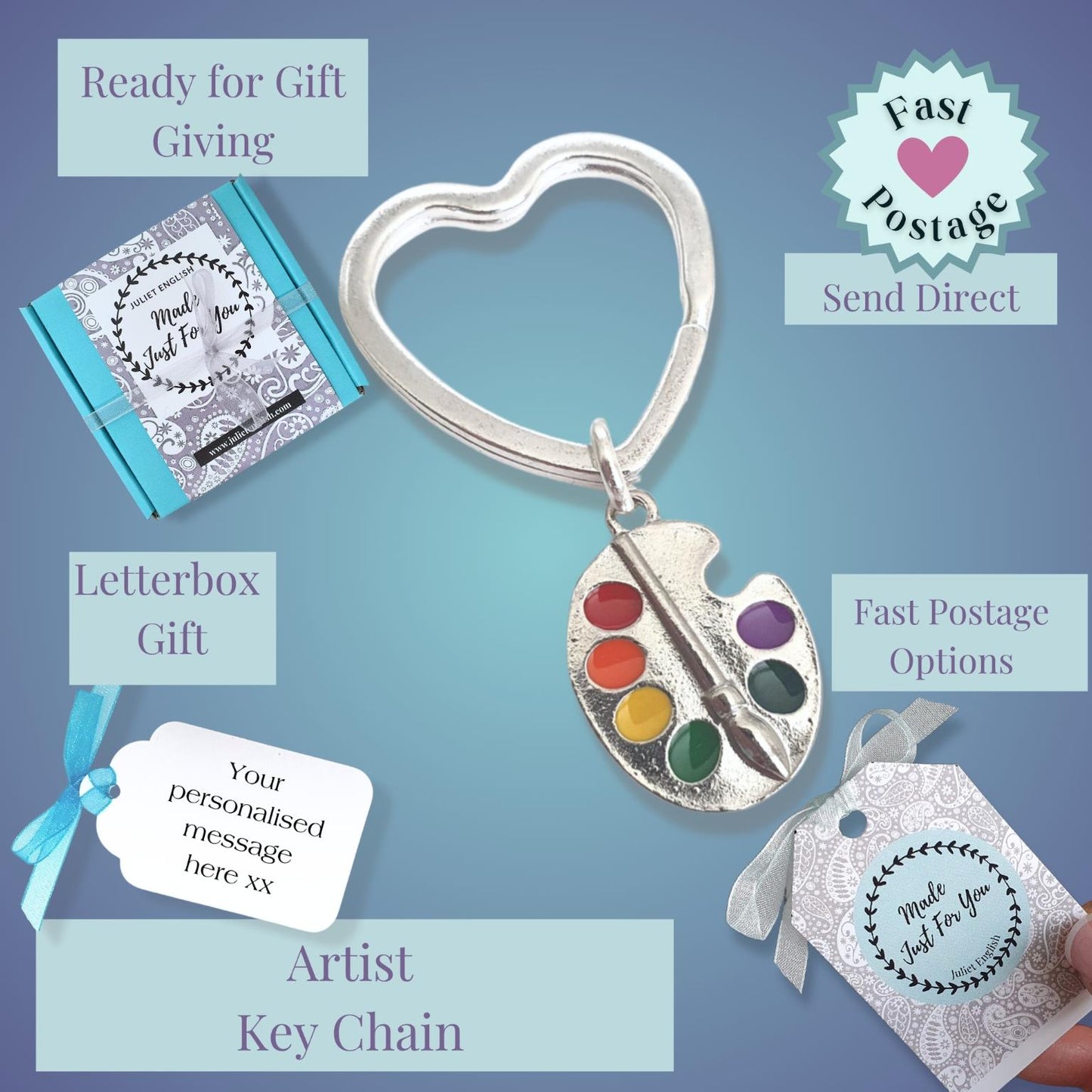 Heart-shaped keychain with paint palette design on a blue background