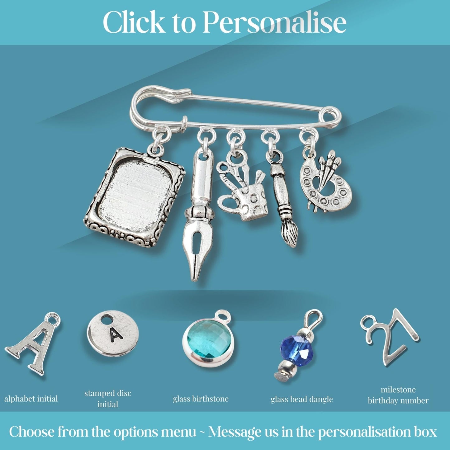 Silver charm brooch with various art charms on a blue background