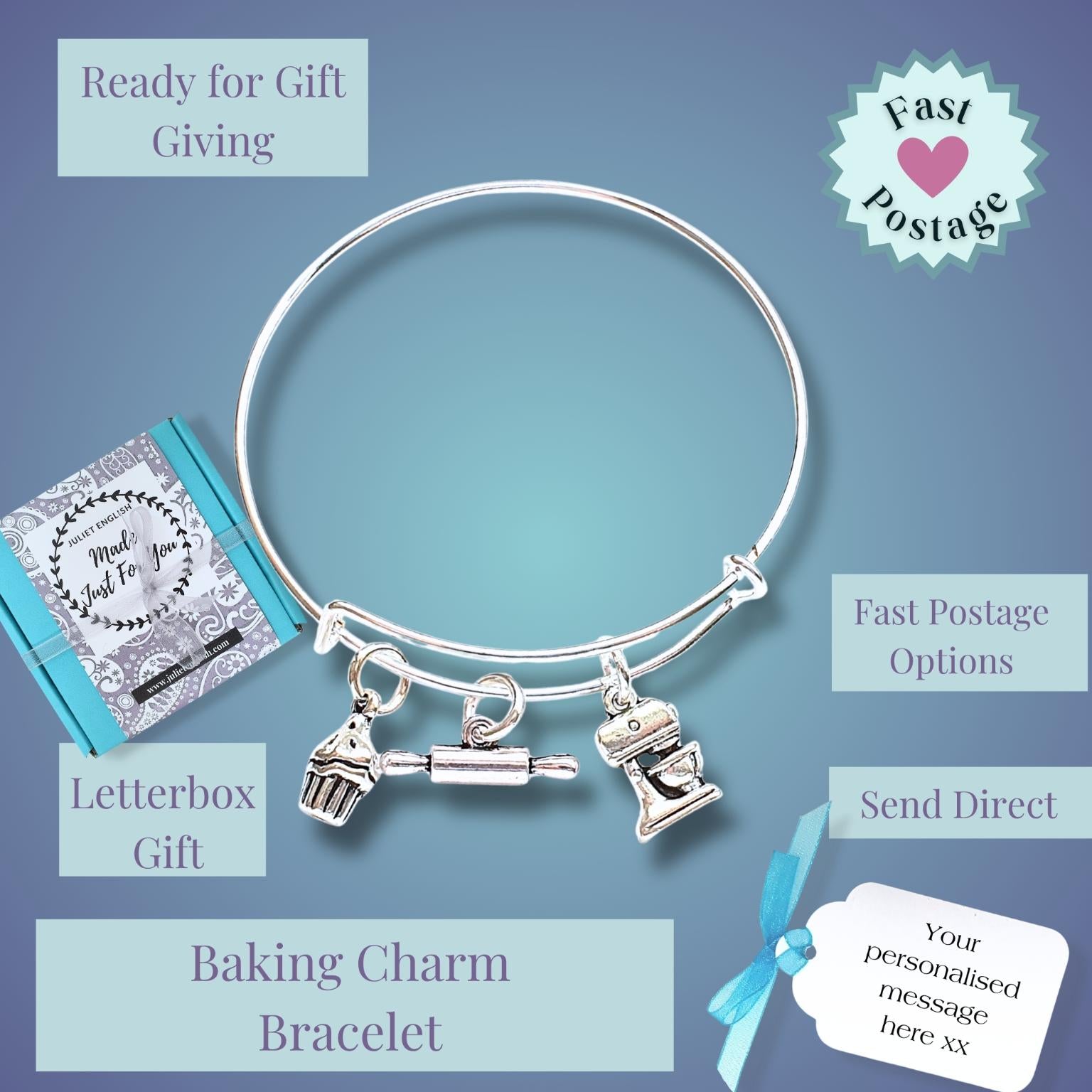 A silver bangle bracelet with baking-themed charms, shown on a blue gradient background with promotional text and postage callouts. The bracelet includes charms shaped like a cupcake, rolling pin, and mixer.