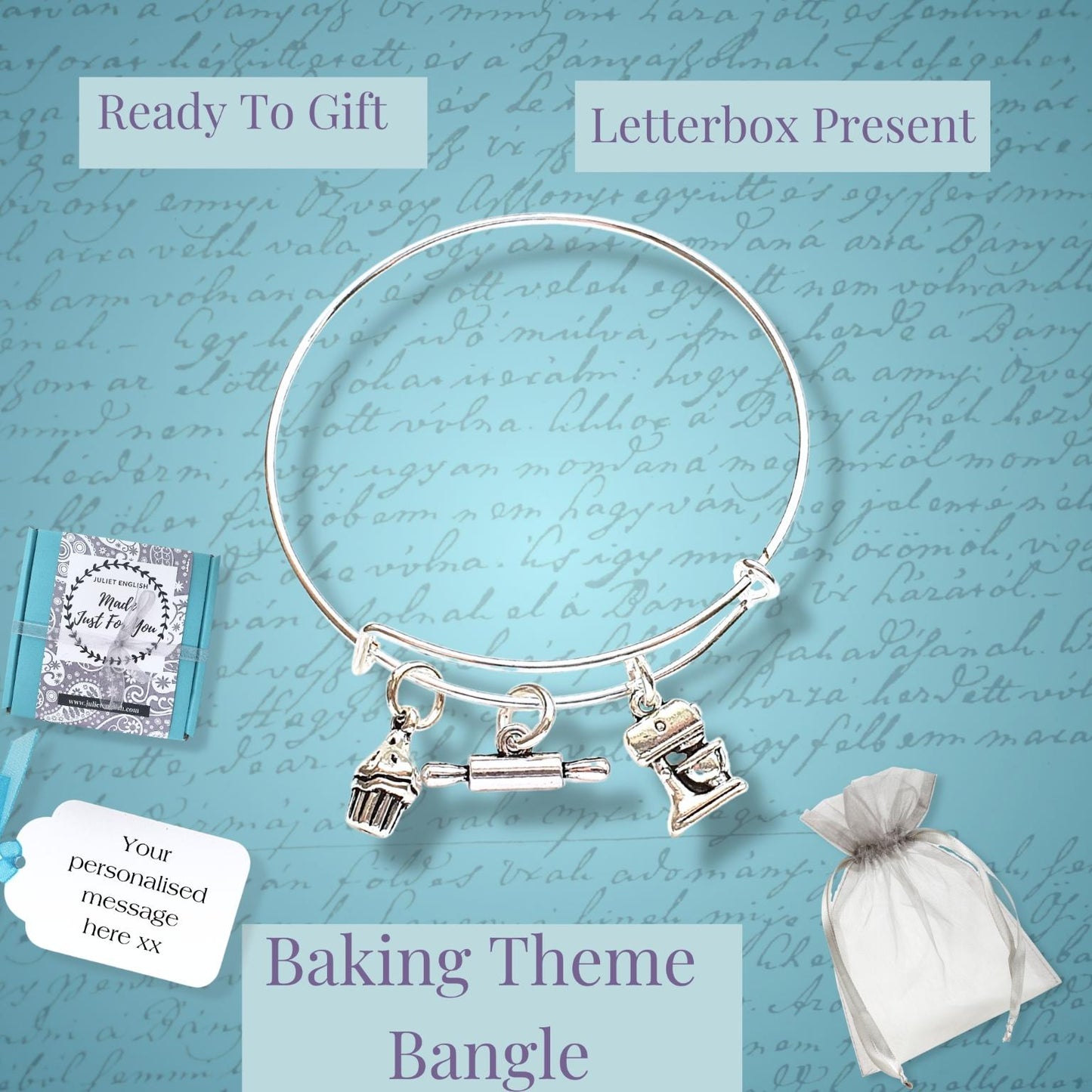 A silver bangle bracelet with baking-themed charms (mixing spoon, whisk, and cupcake) displayed on a light blue textured background. The image includes promotional text overlays reading 'Ready To Gift', 'Letterbox Present', 'Baking Theme Bangle', along with mockups of a personalized message tag, a letterbox, and a white drawstring pouch.