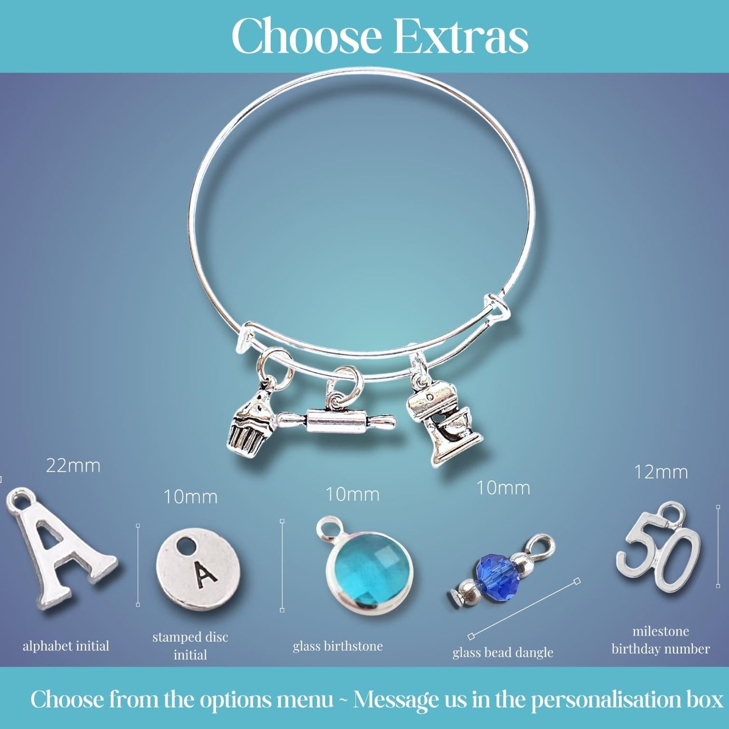 Silver bangle bracelet with charms displayed on a blue gradient background, with text and small diagrams showing customization options such as alphabet initial, stamped disc initial, glass birthstone, glass bead dangle, and milestone birthday number.