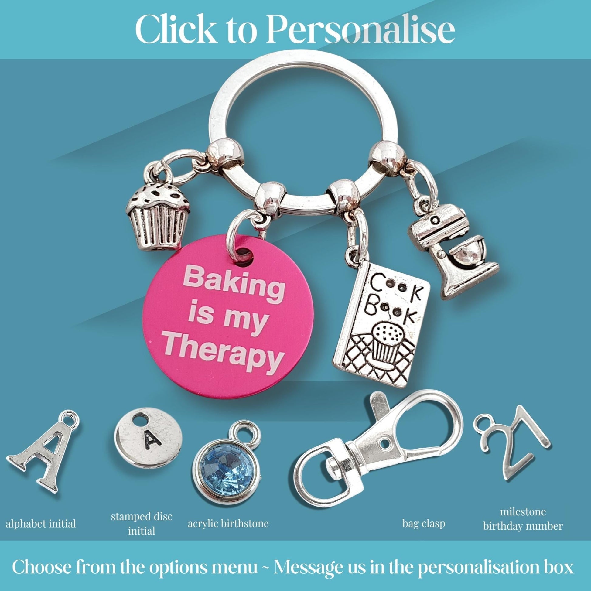 Keychain with charms and a pink tag reading 'Baking is my Therapy' on a blue background