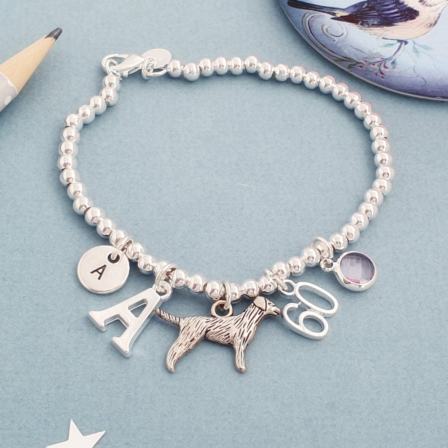 Labrador Bead Ball Bracelet - Sterling Silver