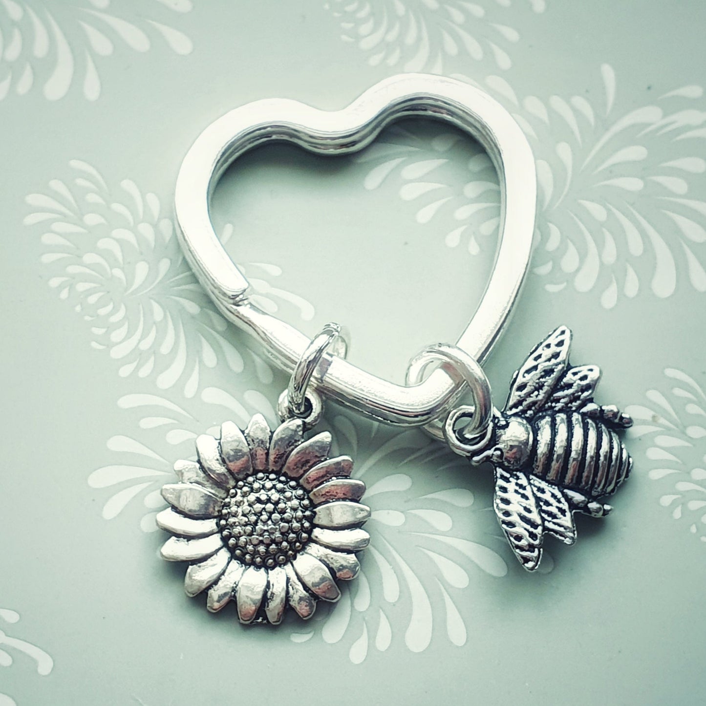 Personalised Bee and Flower Keyring - Silver