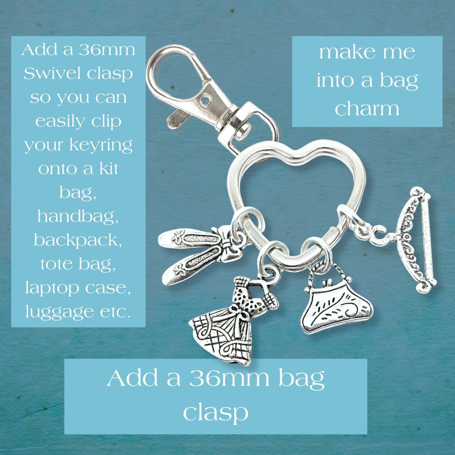 Silver-toned keyring charm set with a heart-shaped ring, swivel clasp, dress, shoe, and handbag charms, shown on a textured teal background with instructional text overlays.