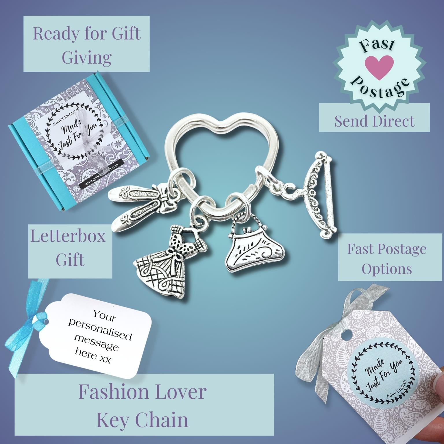 Silver fashion lover key chain with multiple charms including a heart, handbag, shoes, and dress, shown with gift packaging options and text callouts on a blue gradient background.
