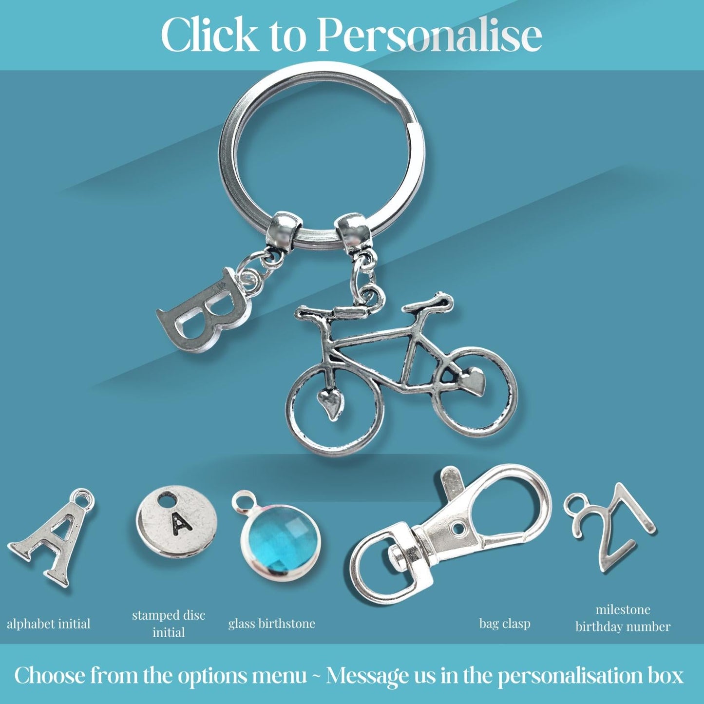 Silver keychain with bicycle charm and customizable options on a blue background