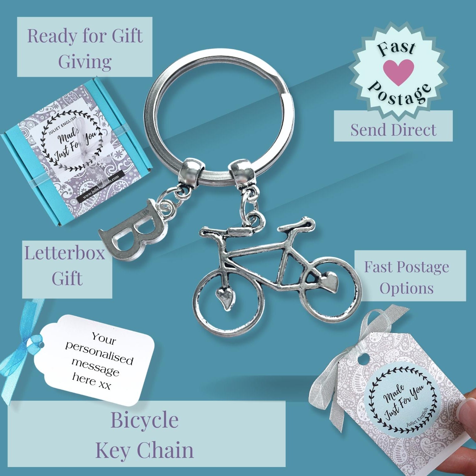 Bicycle keychain with customizable message on a blue background