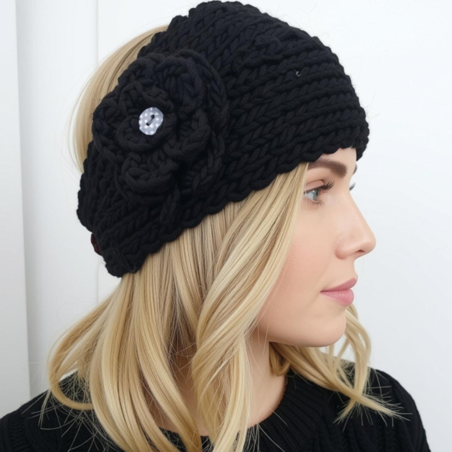 A blonde woman shown in profile wearing a black chunky knit headband with a large flower applique and a small button decorative center, against a plain light background.