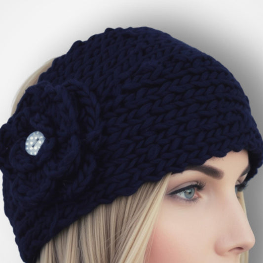 A close-up side view of a woman wearing a chunky black knit headband with a large matching knit flower and a small button embellishment on the side.