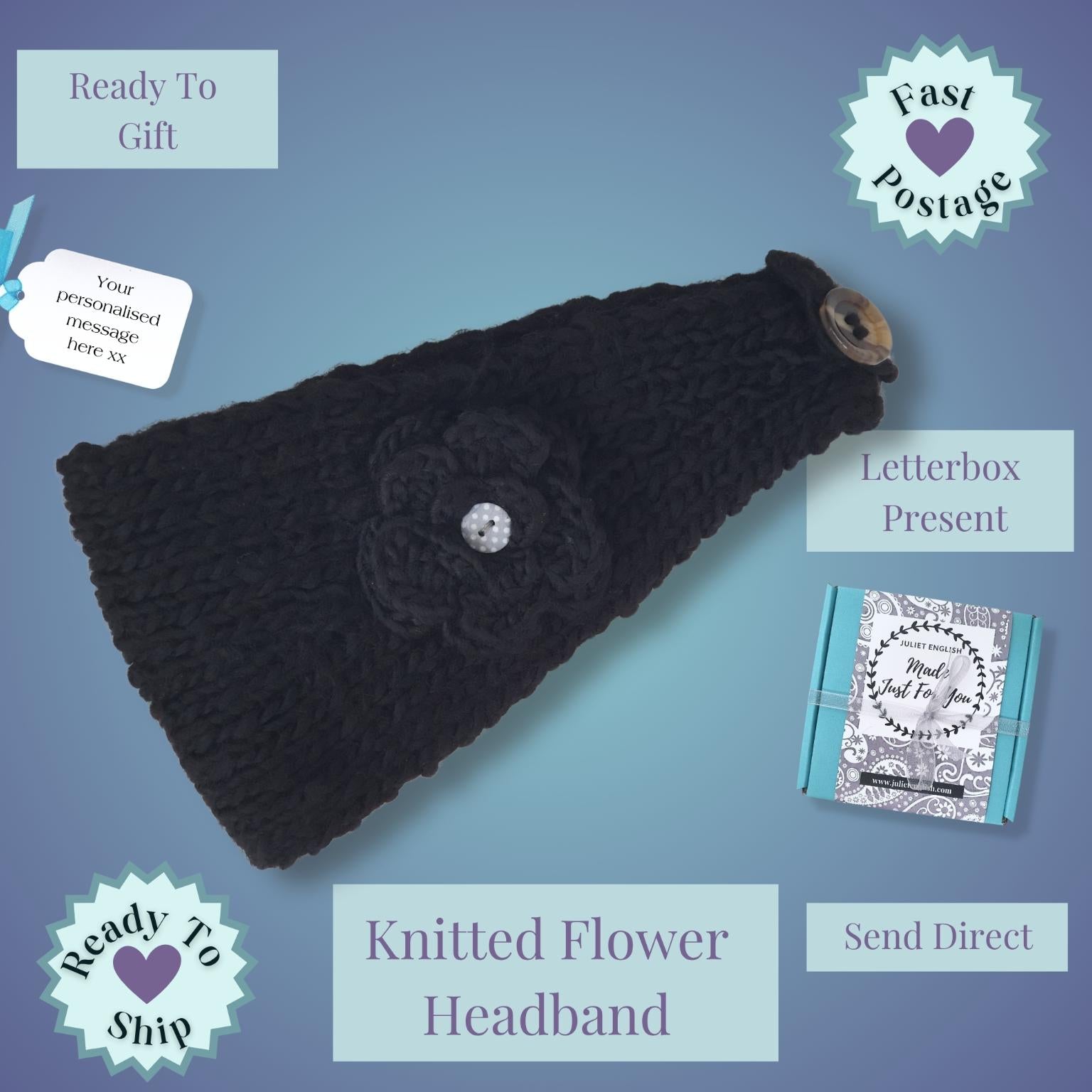 A black knitted flower headband with a button detail, displayed on a blue gradient background with several text and badge overlays describing shipping and presentation options.