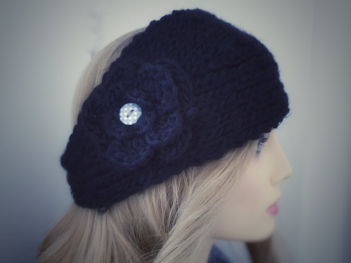 Knitted Flower Headband - Black