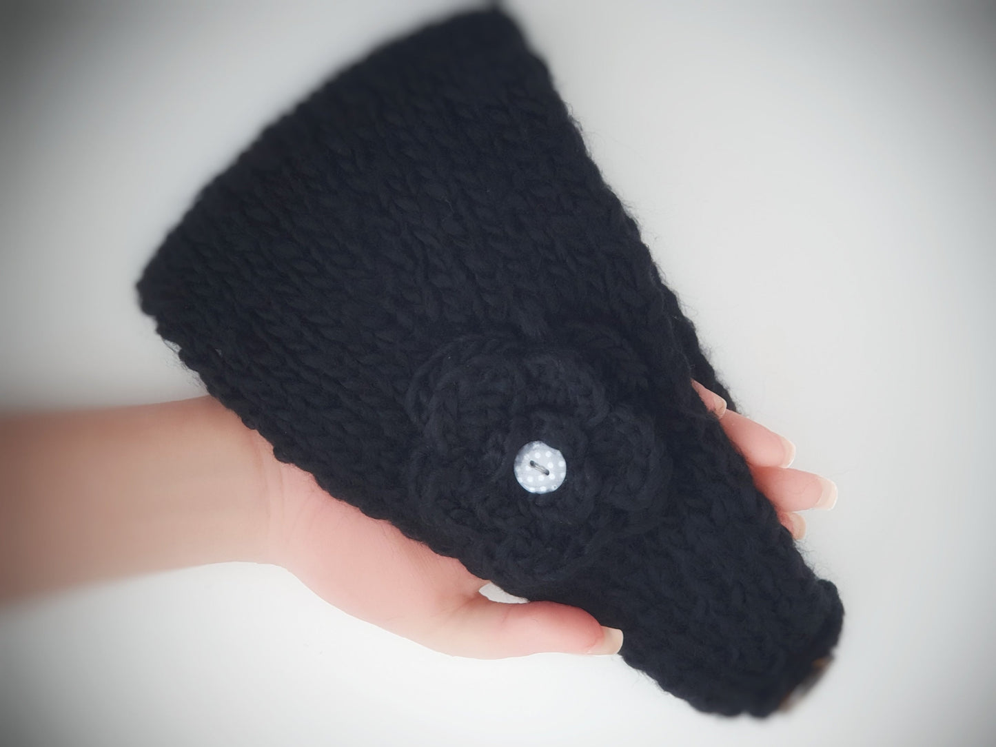 Knitted Flower Headband - Black