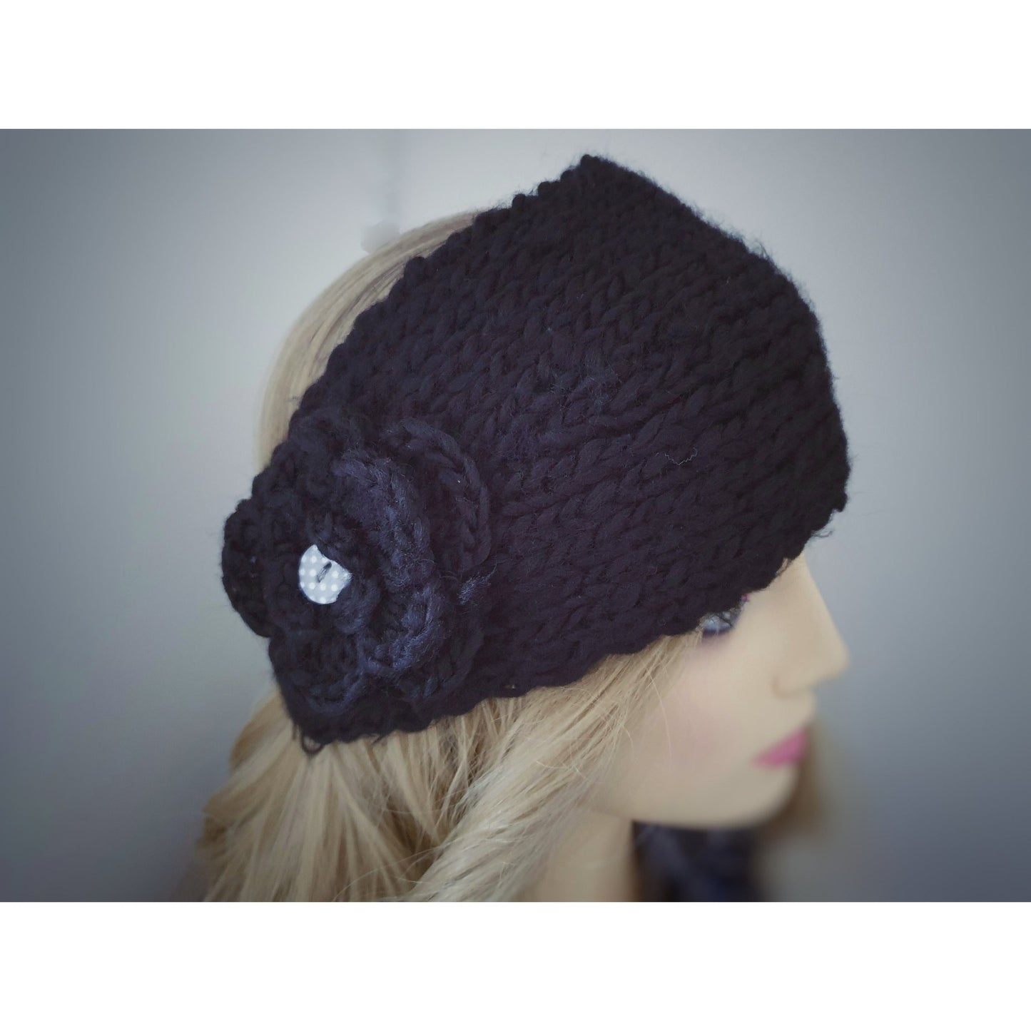 Knitted Flower Headband - Black