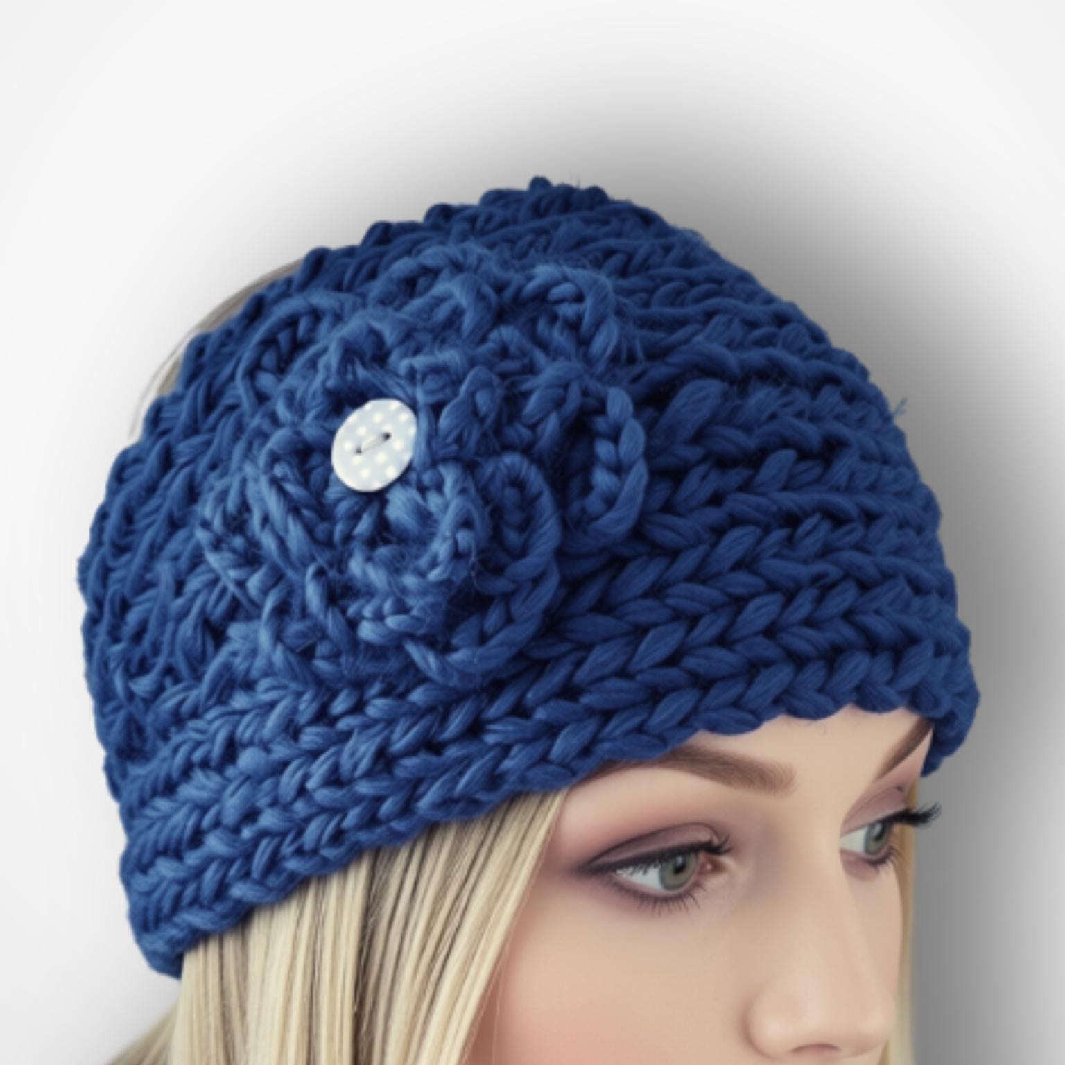 A close-up of a dark blue chunky knit beanie hat with a 3D floral embellishment and a dotty button, shown on a mannequin head with blonde hair against a light gray background.