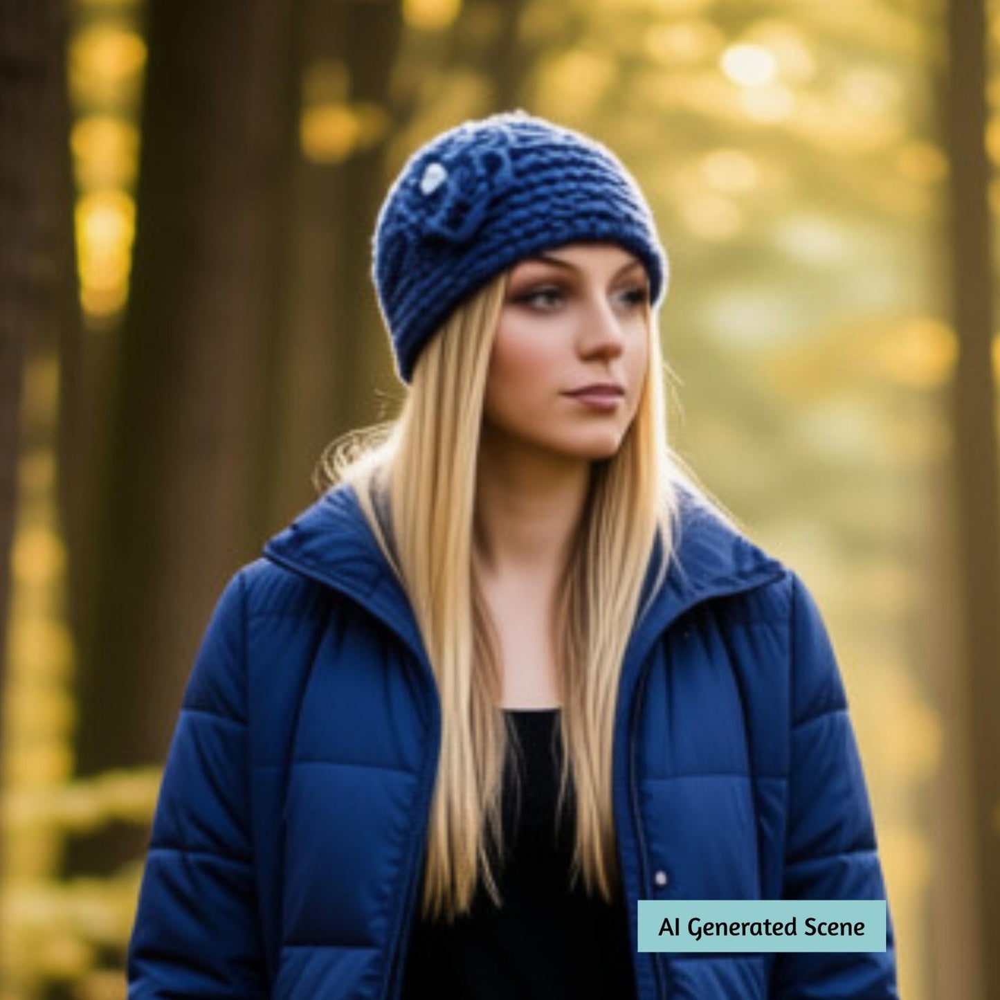 A woman wearing a blue knit headband and a blue puffer jacket stands in a sunlit forest. A small label in the lower right reads 'AI Generated Scene'.