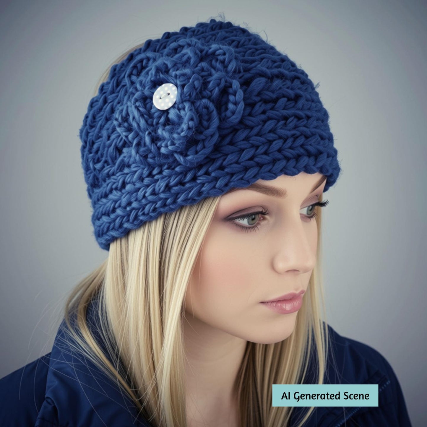 A woman wearing a chunky navy blue knit beanie with a decorative flower applique and a dotty button. The image has a gray gradient background and a light blue label in the bottom right corner that reads 'AI Generated Scene'.