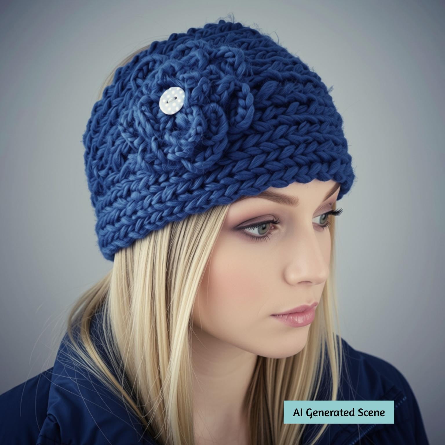 A woman wearing a chunky navy blue knit beanie with a decorative flower applique and a dotty button. The image has a gray gradient background and a light blue label in the bottom right corner that reads 'AI Generated Scene'.