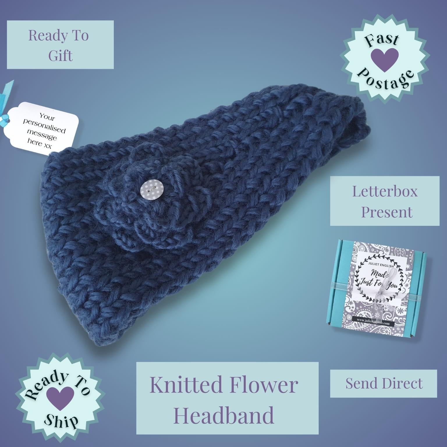 A knitted flower headband in dark navy blue, presented on a blue gradient background with several text and badge overlays describing shipping options and gift packaging.