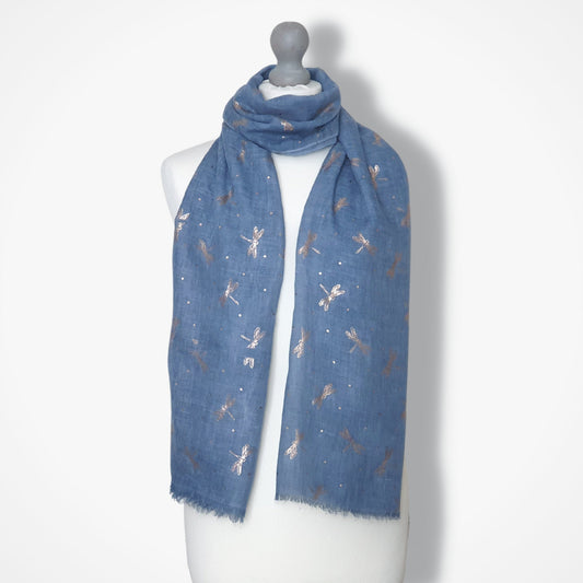 Ladies Lightweight Scarf with Rose Gold Dragonfly Design - Blue