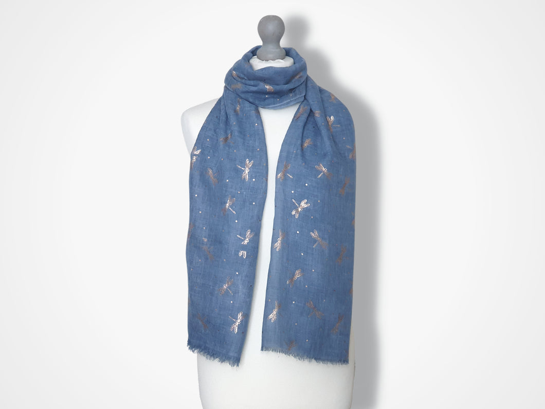 Ladies Lightweight Scarf with Rose Gold Dragonfly Design - Blue