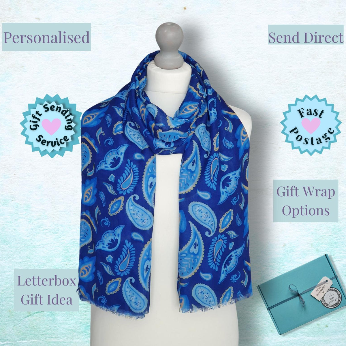 A blue and light blue paisley patterned scarf displayed on a white mannequin torso, with promotional text overlays including 'Personalised', 'Send Direct', 'Gift Sending Service', 'Fast Postage', 'Gift Wrap Options', and 'Letterbox Gift Idea'.