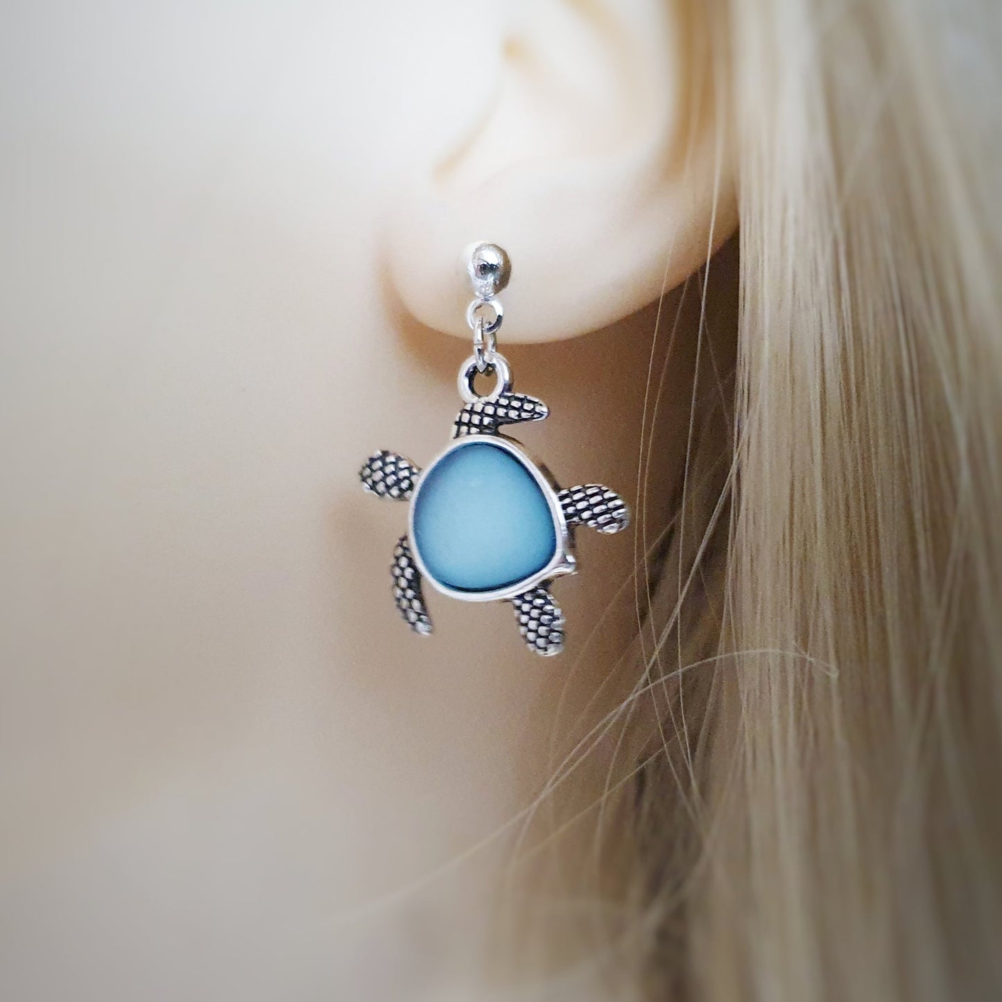 Seaglass Turtle Stud Earrings - Resin and Silver